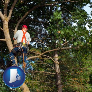 an arborist pruning a tree - with Rhode Island icon